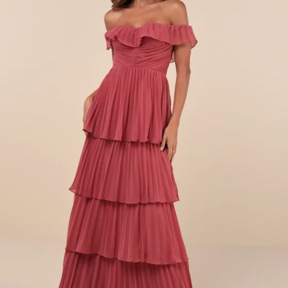 Always Remarkable Rusty Rose Pleated Off the Shoulder Maxi Dress